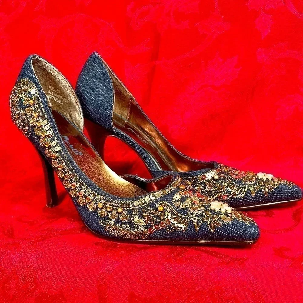 DENIM ANNE MICHELLE BEADED STACKED HEEL SIZE 6.5